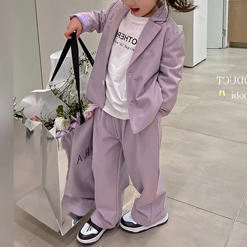 

Spring Autumn Girls Suits Baby Fashion Blazer+straight Pants 2pcs Kids Casual Purple Clothes Sets Outfits Retro Tracksuits