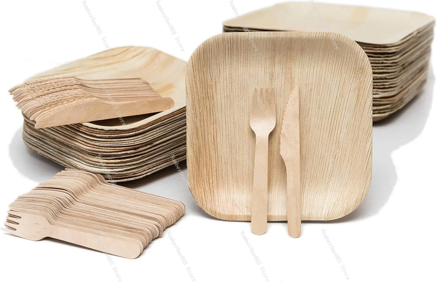 

Palm Leaf Plates with Cutlery – 150pc 8 Inch Square Bamboo Plates Disposable Set with 50 Wooden Knives and Forks