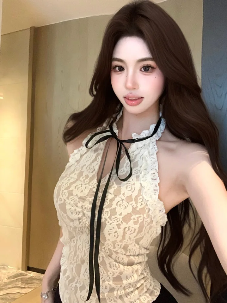 

Sexy Lace Knot Halter Crop Top Women's Slim Fit Summer New Style Base Shirt City Walk Trendy Hollow out Backless Vest