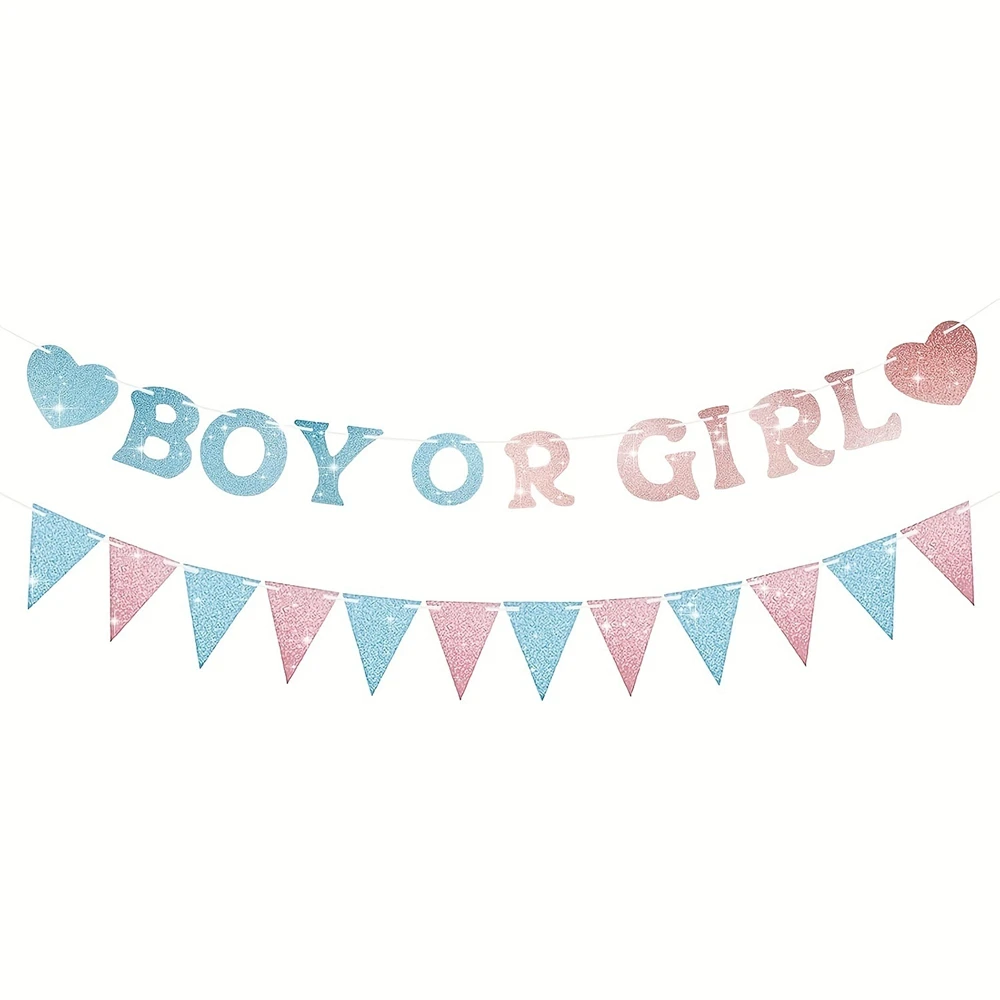 1 Set Gender-Reveal-Party Banner Glitzer-Papiergirlande Hängende Heimdekoration Hintergrund Blau & Rosa Themen-Geburtstagsparty-Dekorationen