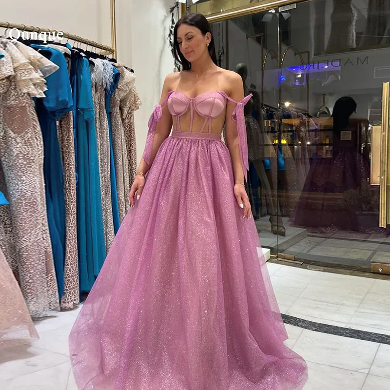 Qunque Dirty Pink Evening Dresses Customized Detachable Spaghetti Straps Formal Occasion Party Dress Glitter Tulle فساتين السهرة