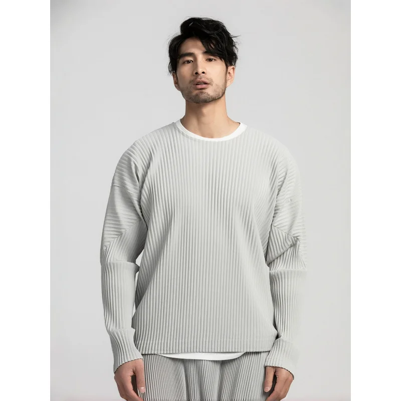 Miyake Pleated Shirt Men Long Sleeve T Shirt Casual Loose Fit Round Neck Tops Japanese Style