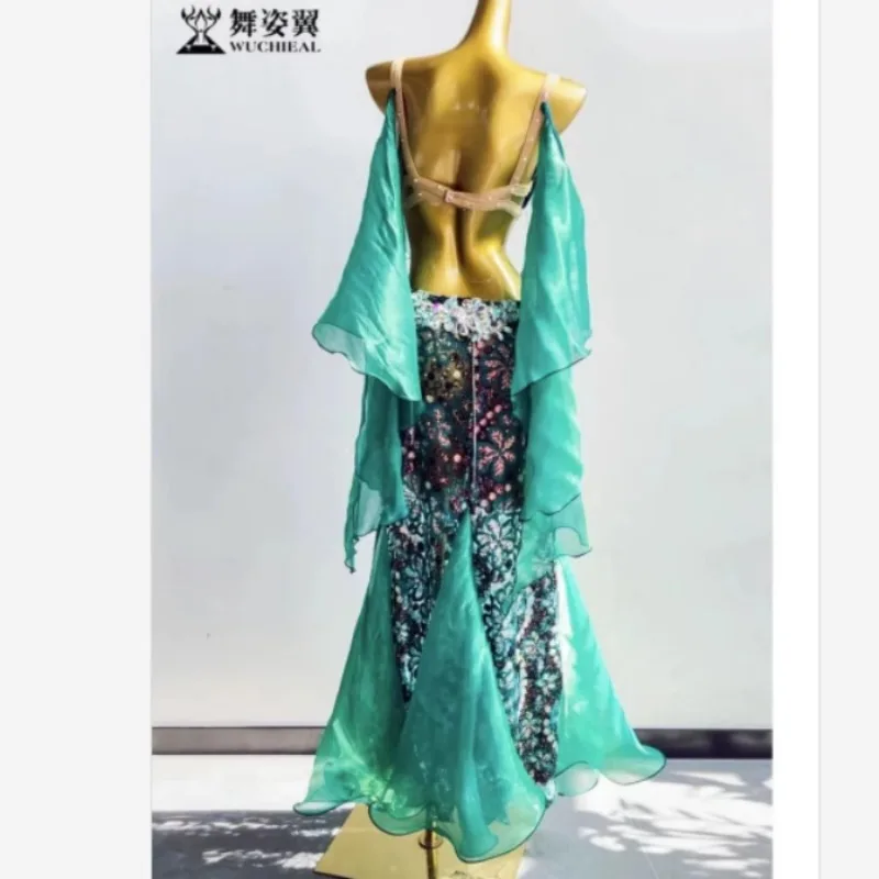 Vrouwen Buikdansen Senior AB Stenen Oosterse Dans Outfit Top Rok Danskleding Buikdans Professionele Competitie Kleding