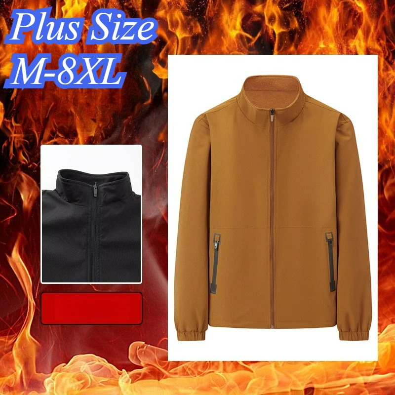 Large Size Mens Fleece Jacket Outdoors Work Windproof Stand Collar Casual Jackets Winter Plush Thickened Warm Fleece Overcoat