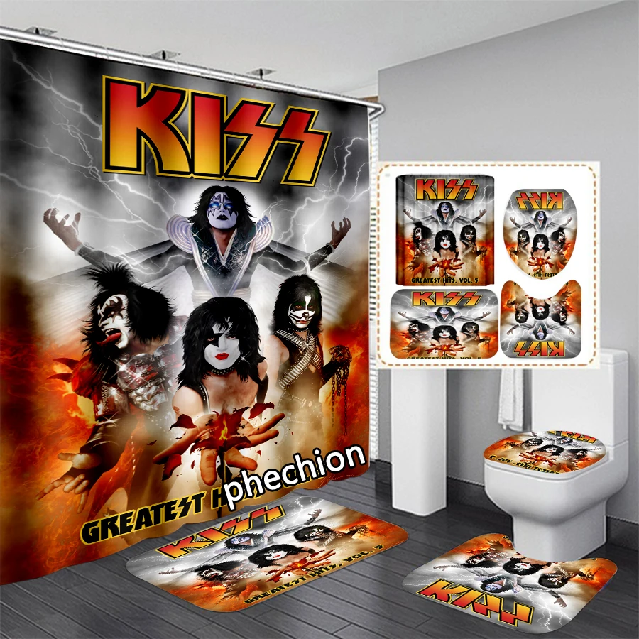 phechion Kiss Band 3D Print Waterproof Bathroom Shower Curtain Toilet Cover Mat Non-Slip Floor Mat (1/3/4Pcs) W74