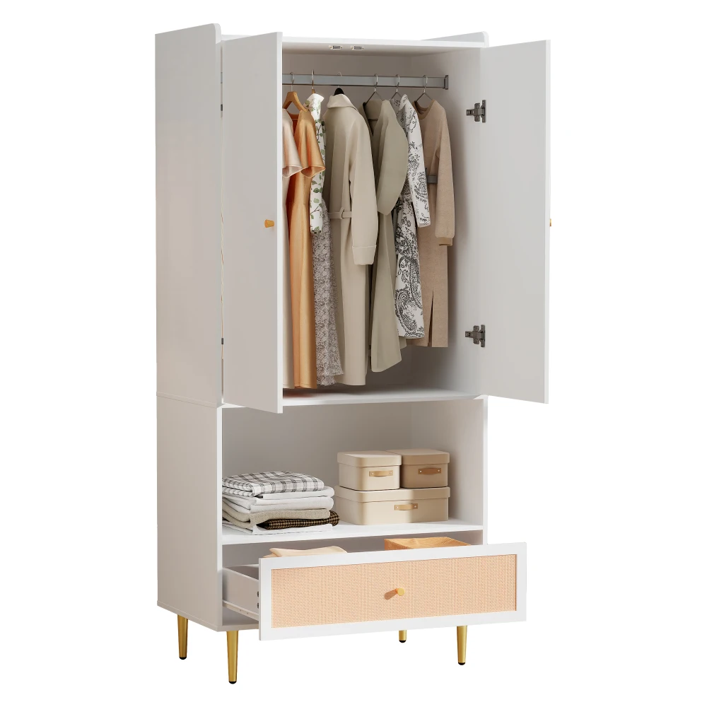 PINGGO Weißer Kleiderschrank mit 2 Türen, Rattanschublade, Metallbeinen und Griffen, 80x48x175cm, für Schlafzimmer und Wohnzimmer – Detail 10