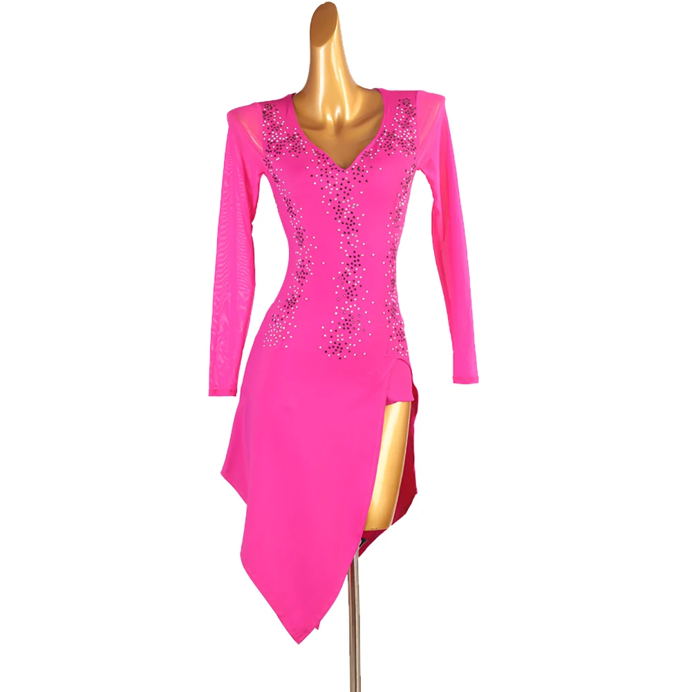 Long Sleeves Dance Clothes Rhinestones Line Dance Costume Rumba Rose Red Samba High-end Adult Competition Clothes Cha-cha Latin