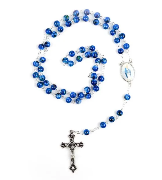 Vintage Glass Sapphire Blue Striped Beads Cross Pendant Rosary Necklace Christian Prayer Beads Jewelry Accessories Baptism Gifts