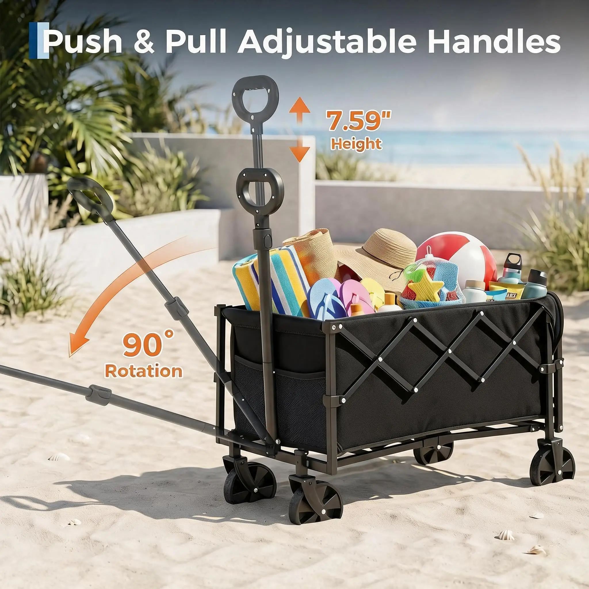 Collapsible Folding Garden Utility Cart Heavy Duty Wagon Double Bearing Wheels 220lb 120L Storage for Groceries Camping Beach