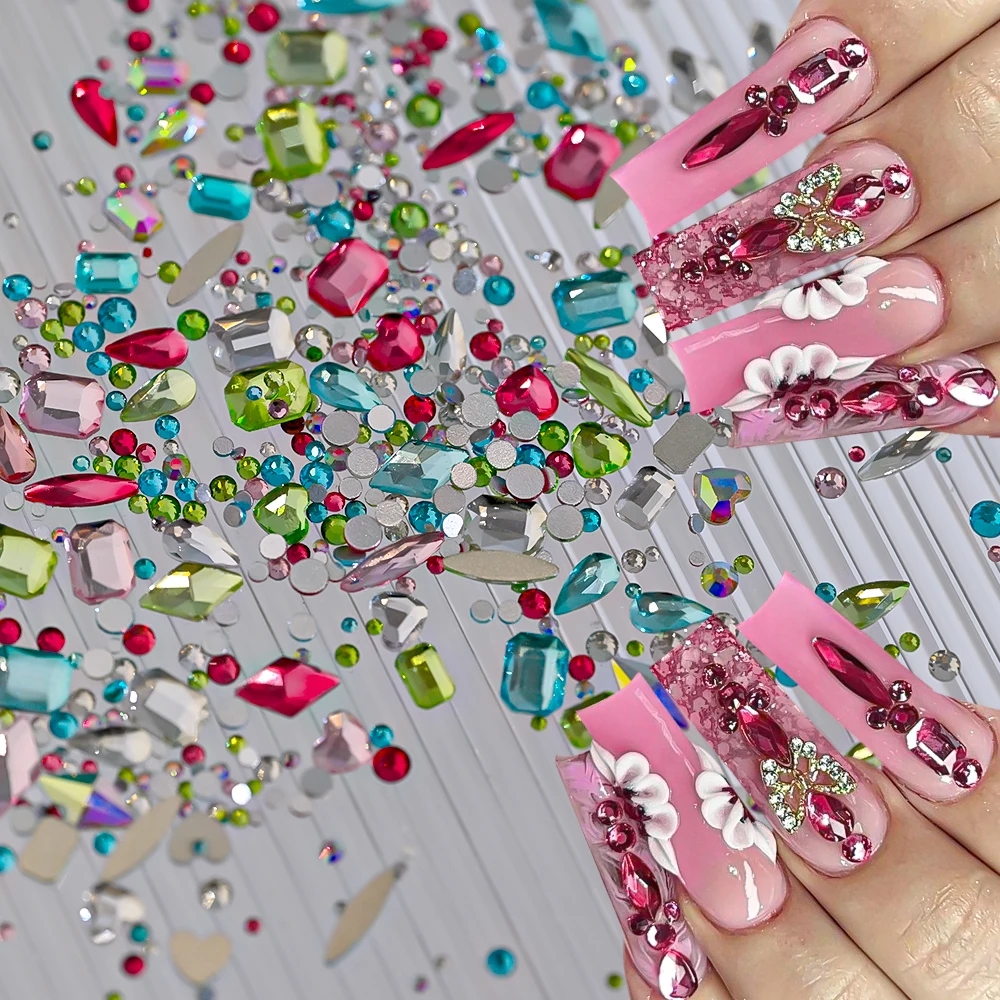 12Grids Flat-back Glitter Hart Rechthoek Diamant Nagel Edelstenen Ronde Onregelmatige Gemengde Nagelsteentjes Luxe Manicure Kristal Juweel