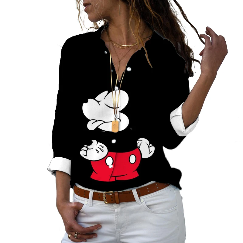 Camisa casual Mickey Minnie feminina, Harajuku, ajuste fino, impressa em 3D, manga comprida, botão, lapela, fofo, novo, outono, Y2K, 2024