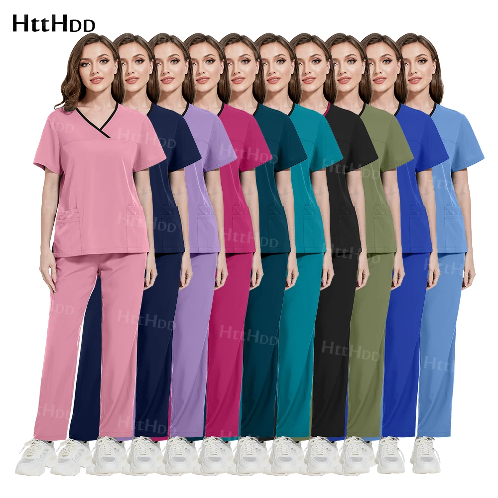 

Clinical Uniform Woman Pharmacy Laboratory Work Clothes Fashion Split Set Short Sleeved Top+pants Suits Wholesale Nursing Scrubs