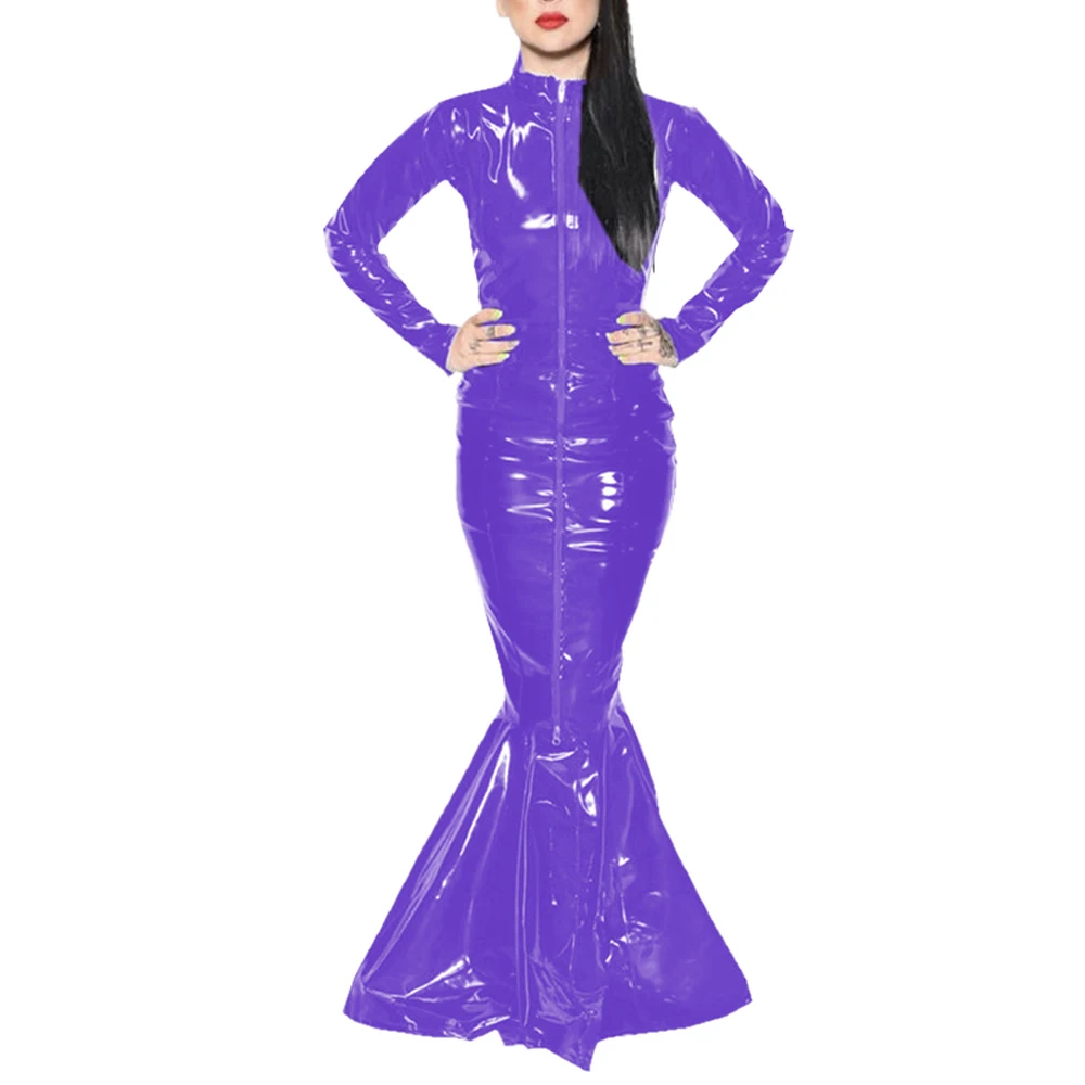 Shiny PVC Leather Mermaid Bodycon Dress, Long Sleeve, High Neck, Zipper Front Elegant Party Gowns, Faux Latex, Maxi Hobble Dress