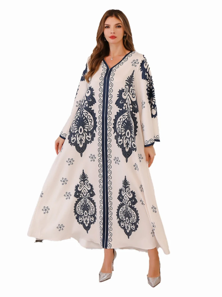 Modest Diamond Muslim Dress for Women Abaya Ramadan Turkey Kaftan Islamic Eid Print Robe Femme Jalabiya Caftan Morocco Vestidos