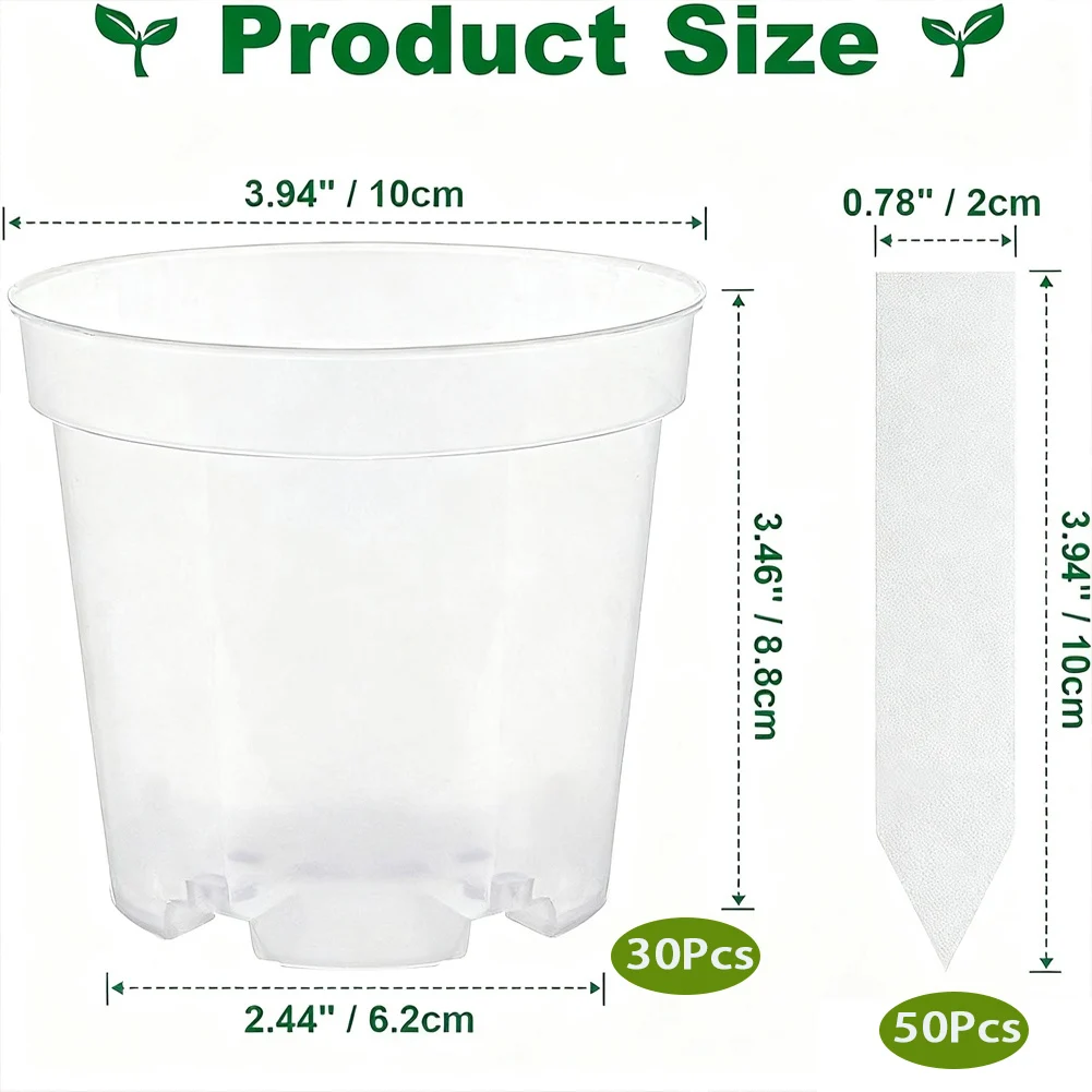 

Flower Pots Set with 30 Clear Plastic Pots Featuring Drainage Holes and 50 Plant Labels for Effective Plant Care