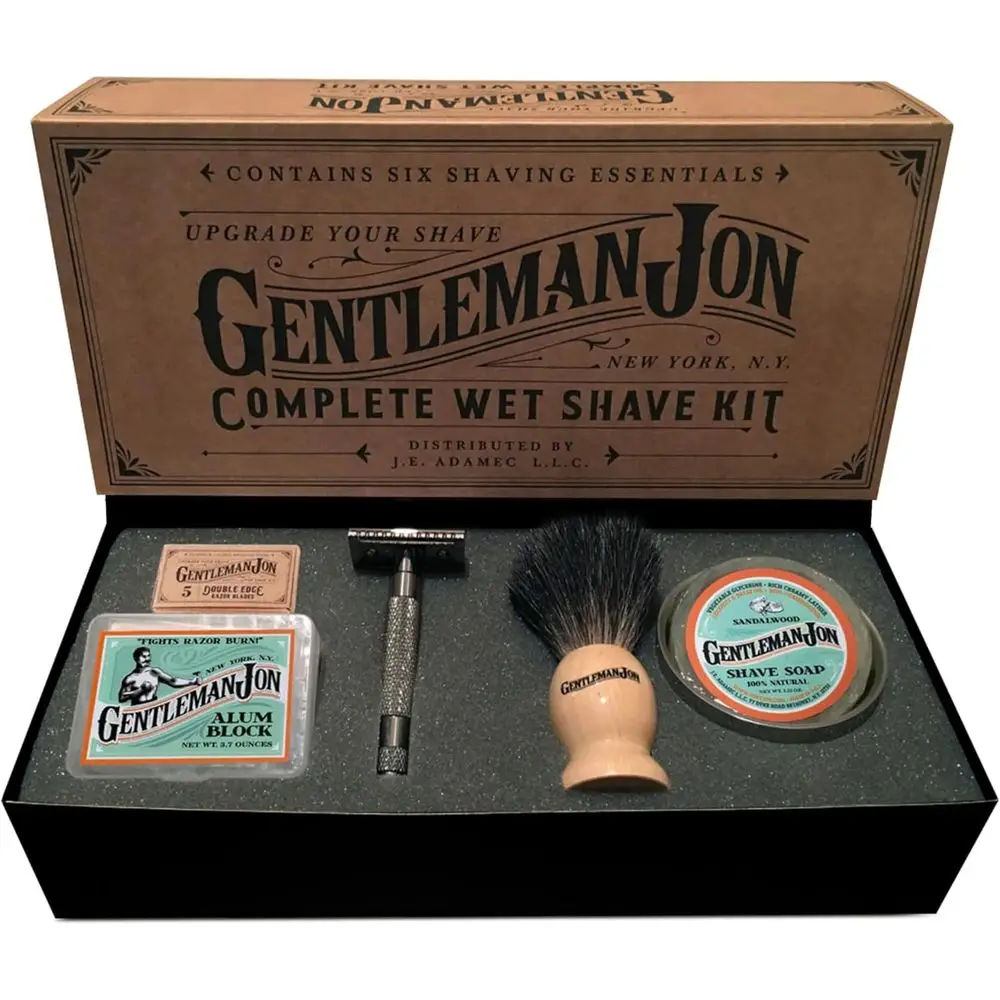 Kit Clásico de Afeitado en Húmedo para Hombres: Brocha para Afeitar, Bloque de Alumbre, Jabón para Afeitar, Tazón de Acero Inoxidable y Cuchillas de Doble Filo