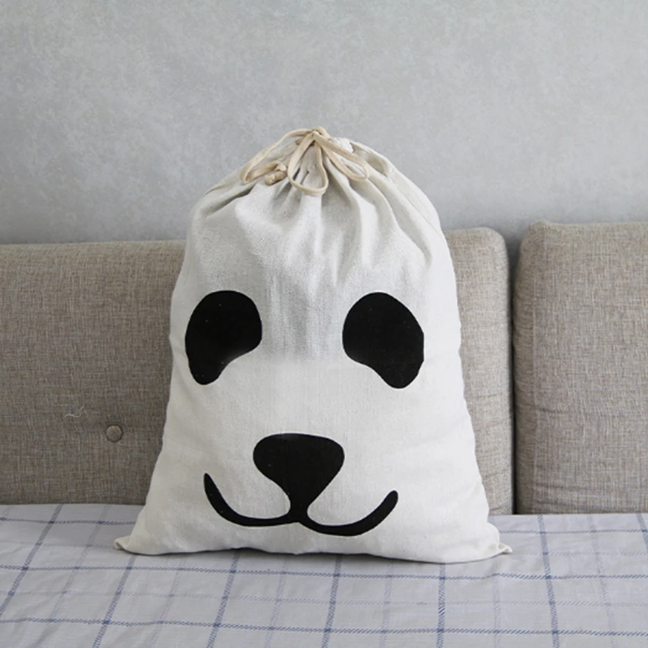 Linen Cotton Laundry Bag Animal Stripe Pattern Cute Basket Home Toy Storage Bag Drawstring Dirty Clothes Bag Organizer Bag