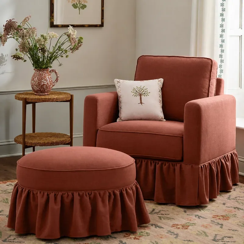 Retro Fabric Solid Wood Sofa Chair Pastoral Single Chair for Living Room Bedroom with Skirt Casual Lazy Armchair