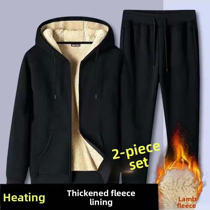 

2025 New Men's Fce Lined Lamb Velvet Sweatirt Set Thi Warm Casual Sportswear Long Sve Long Pants Autumn Winter Wear