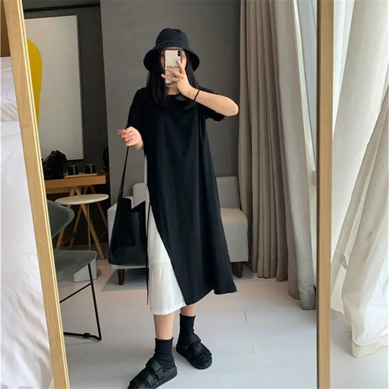 Fashion O-Neck Spliced Bandage Fake Two Pieces Midi Dress Female Clothing 2024 Summer New Oversized Young Style Casual Dress