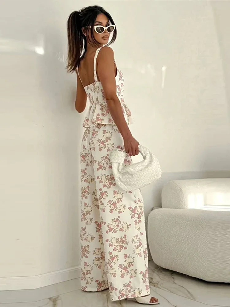 Fashion Printed Women Pant Set Sleeveless Ruffles Cinched Waist Female Vest And Pockets Long Wide Leg Pant Summer Streetwear - view 5