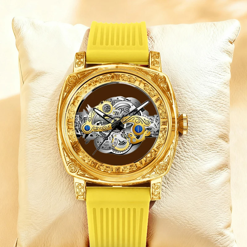 

Мужские изысканные резные кварцевые часы в минималистском стиле в сборе с желтой лентой