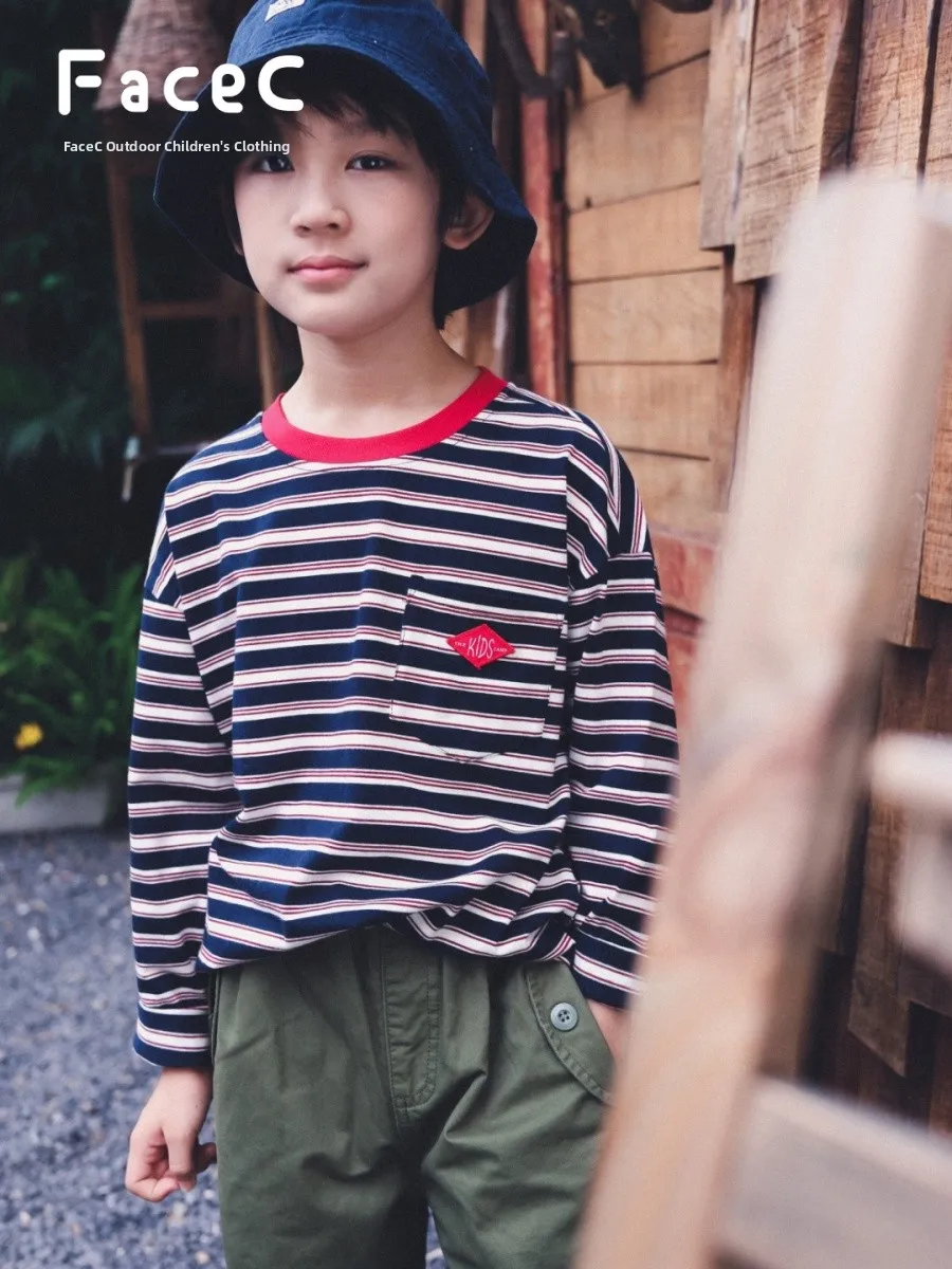 Loose Long Sleeve Striped Camping T-Shirt for Kids FaceC Mountain Series Children's Clothing Spring Autumn Unisex