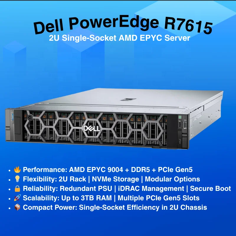 Original for PowerEdge R7615 2U Rack Server   EPYC Processor 8LFF Drive Bays 32GB DDR5 Memory 1TB SATA Hard Drive-in Stock