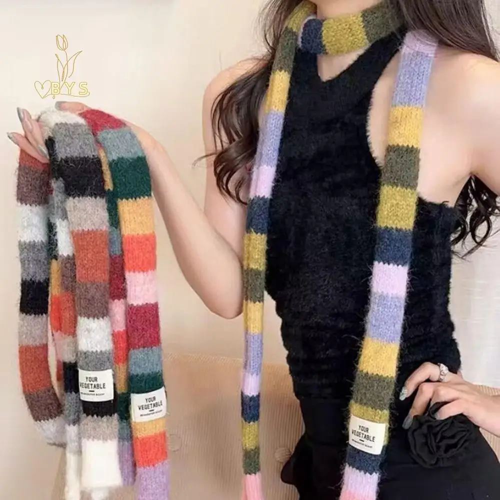 

Harajuku Style Y2K Striped Scarf Rainbow Color Collocation Clothing Accessories Long Narrow Scarves Sweet Cool Korean Style