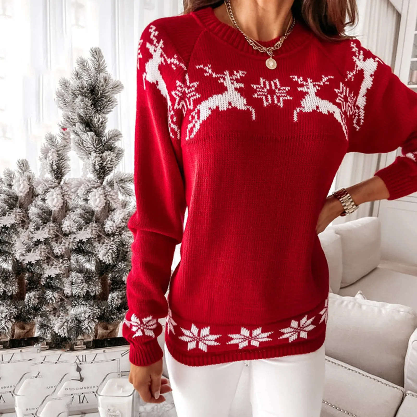 Sweater Women Christmas Deer Knitted Long Sleeve Round Neck Pullovers Ladies Jumper Fashion Casual Winter Autumn Pullover Tops