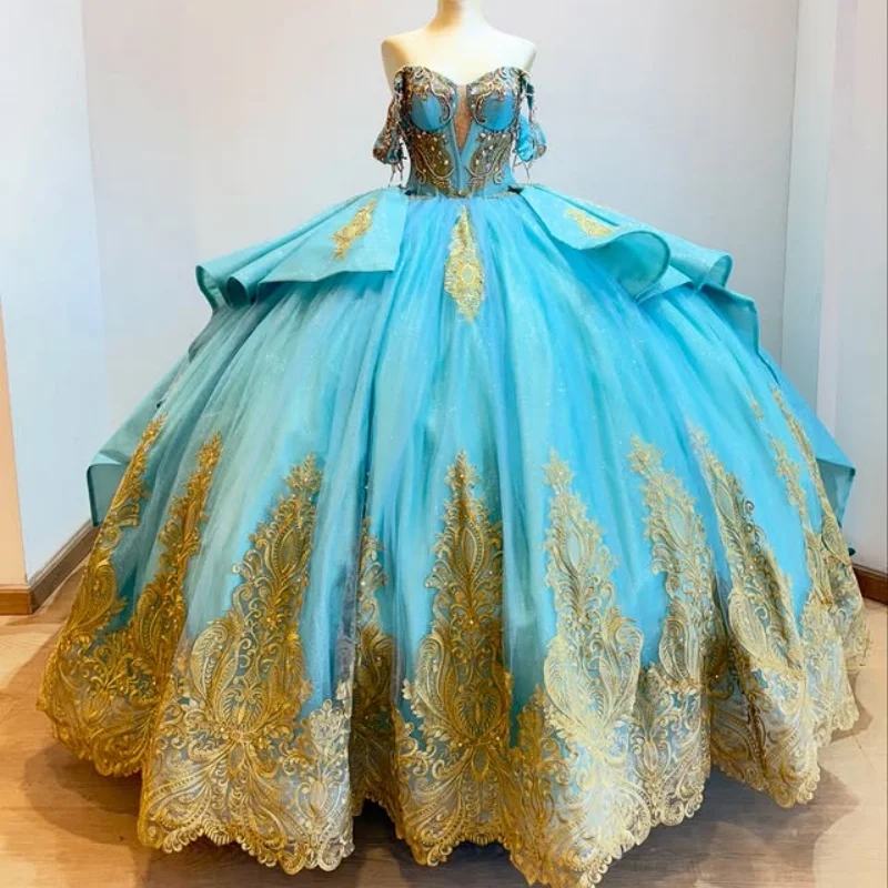 

Peacock Blue Quinceanera Dresses Crystal off-shoulder Sequin Decal Layering Long tail Bow Vestido De 15 Quinceanera Customize