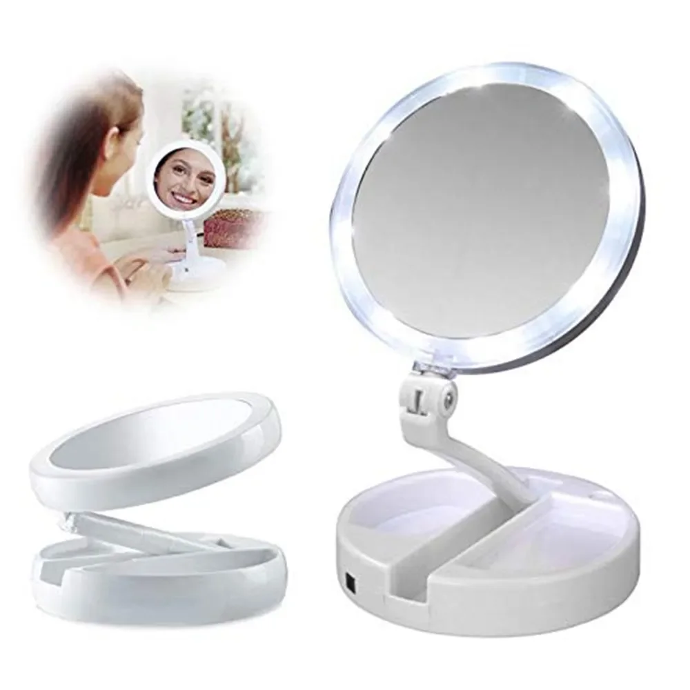 LED Light Folding Makeup Mirror Portable Rotating 10x Magnifying Up Double Side Storage Mirror Tabletop Batteries USB Charging