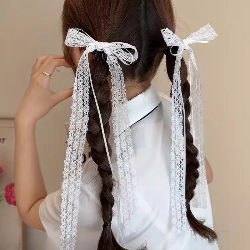 

2pcs Korean Fashion Lace Bow Hairpin Women Girls Ribbon Hair Clips White Long Ribbon Bow Top Clip Female Hair Accessories Gifts