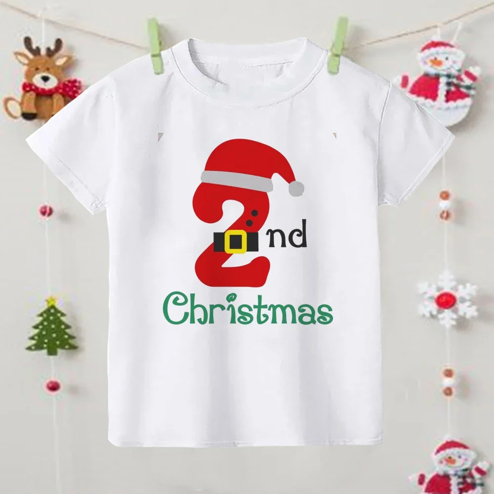 My 2nd Christmas Deer Printed T-Shirt para Crianças, Roupas de Criança, Tops para Menino e Menina, Holiday Outfit, Xmas Party Tshirt, Presentes