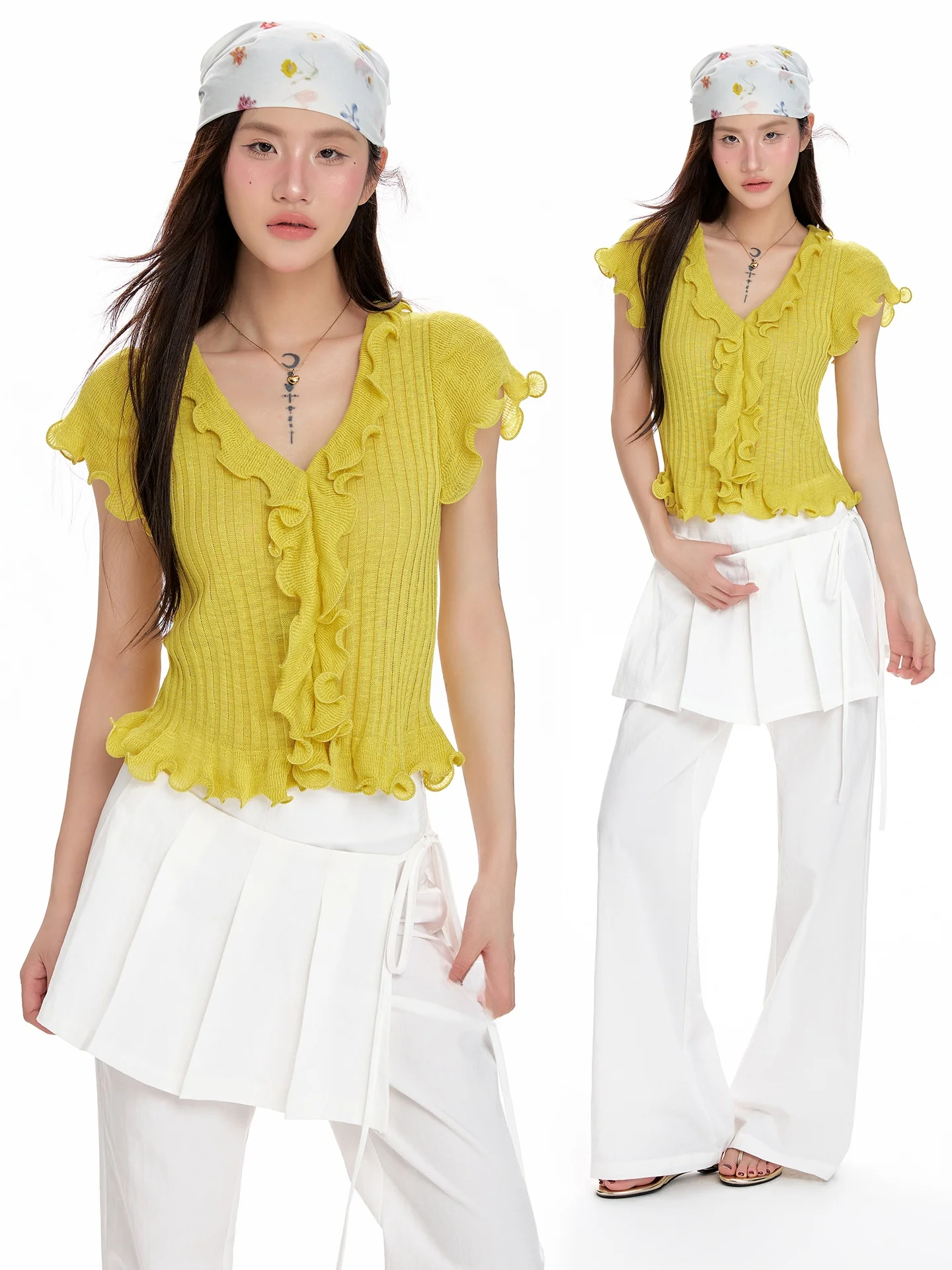 

Korean Style Wood Grain V-neck Short Sleeve Knitted Top Women's Slimming Design Summer New Arrival Fashion T-shirt