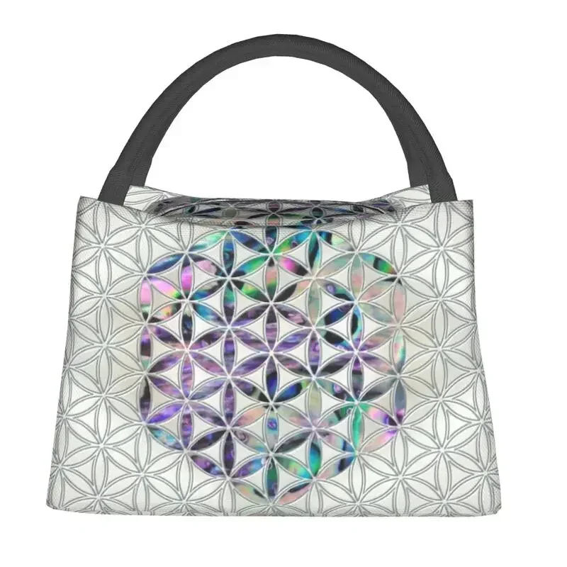 Flower Of Life Abalone Shell On Pearl Insulated Lunch Tote Bag for Women Geometric Mandala Portable Cooler Thermal Bento Box