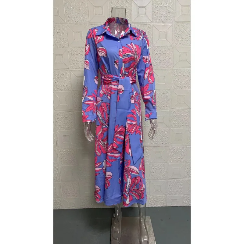 Elegante vestido feminino de lapela de manga comprida, roupas femininas casuais, simples vestidos estampados na moda, temperamento pendulares, mulheres