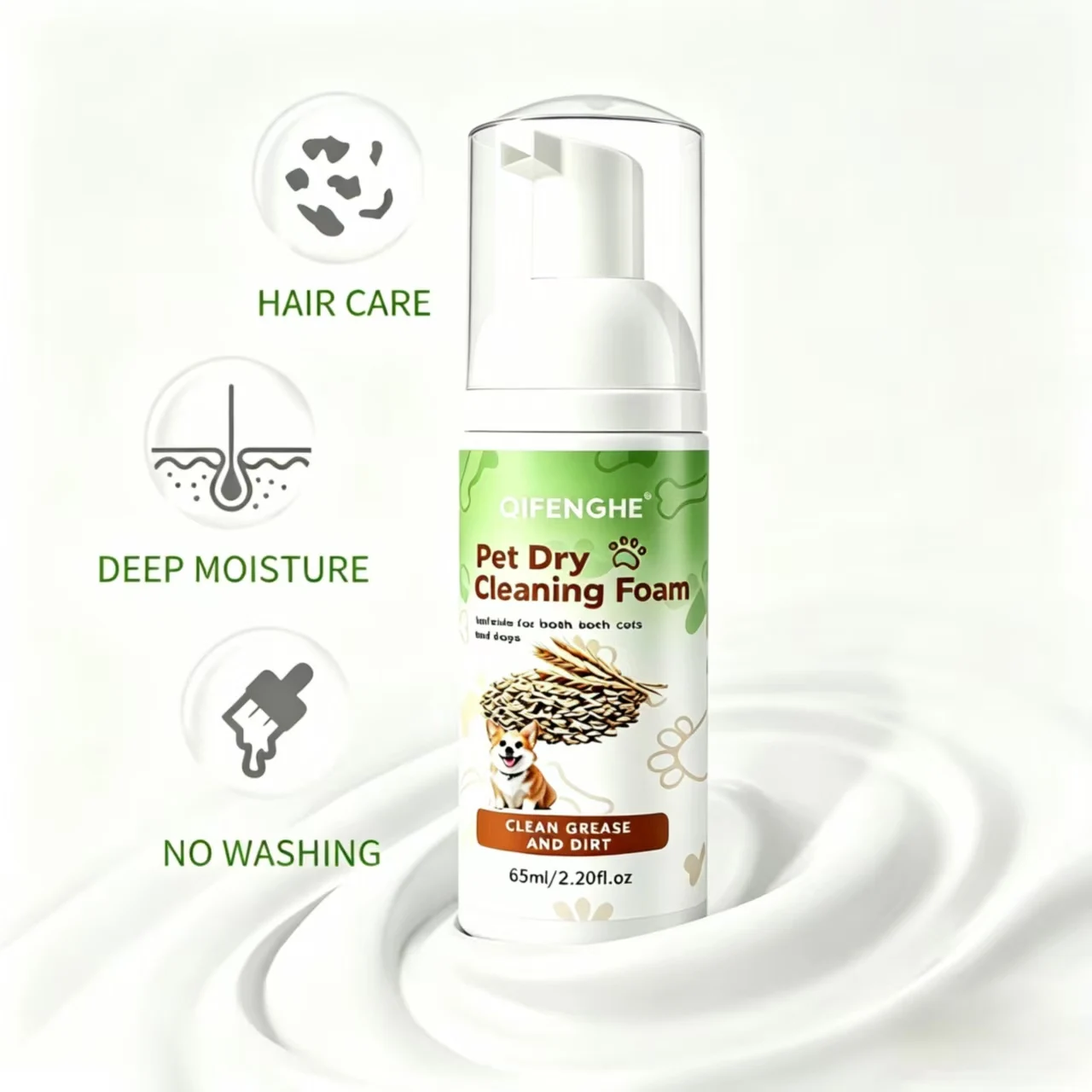 Pet Dry Cleaning Foam 60mL (2.028 fl.oz), No-Rinse Plant-Based Gentle Waterless Pet Shampoo for Cats & Dogs, Deep Cleansing Mois