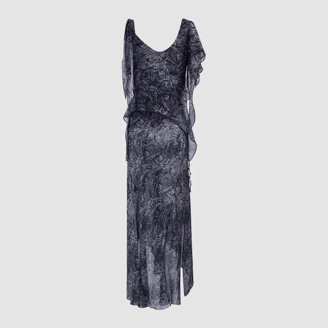 2026 Black White Abstract Print Chiffon Maxi Dress, Boho Asymmetrical Ruffle Sleeve Flowy Long Dress for Women