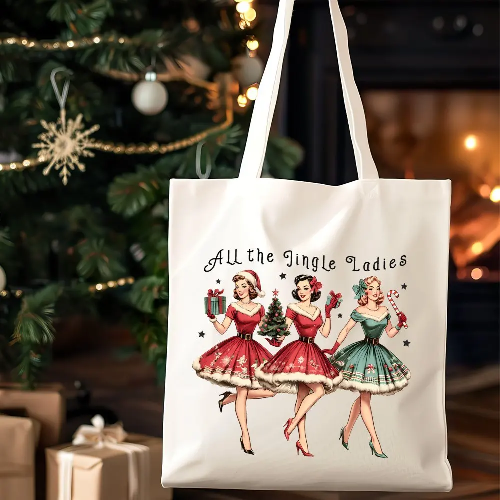 1pc, Vintage Christmas Women'S Printed Canvas Tote Bag - Large Capacity Uncovered Handbag Suitable for Outdoor, Gifts, Parties,