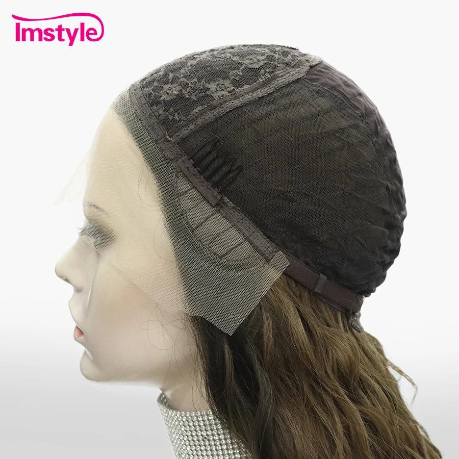 Imstyle-Peluca de encaje sintético para mujer, cabellera larga de onda profunda, color marrón degradado, parte media, resistente al calor, para