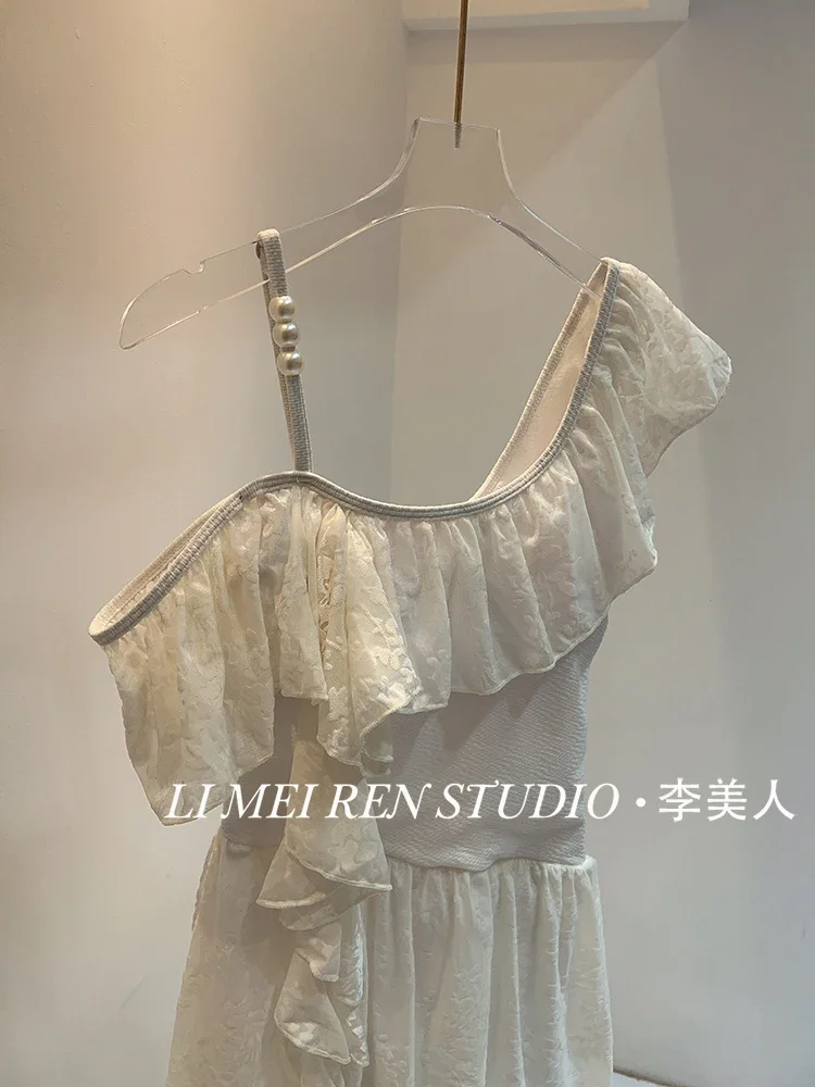 New Palace Lotus Leaf  White Velvet Spliced Lace Skirt Style jumpsuit Female swimsuit