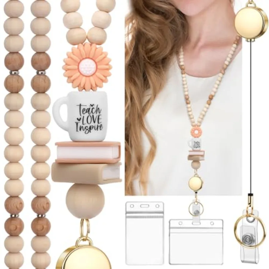 Teacher Lanyard with Id Holder, Retractable Lanyards for Id Badges Keys, Cute Natural Wooden Beaded Lanyard for Women
