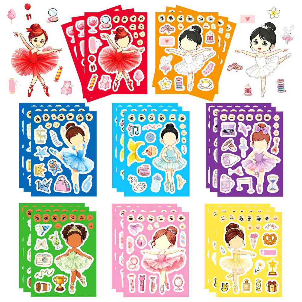8/16Sheets Cartoon Ballet Girl Making Face Puzzle Stickers DIY Notebook Children Educational Toys Waterproof Party Gift Stickers