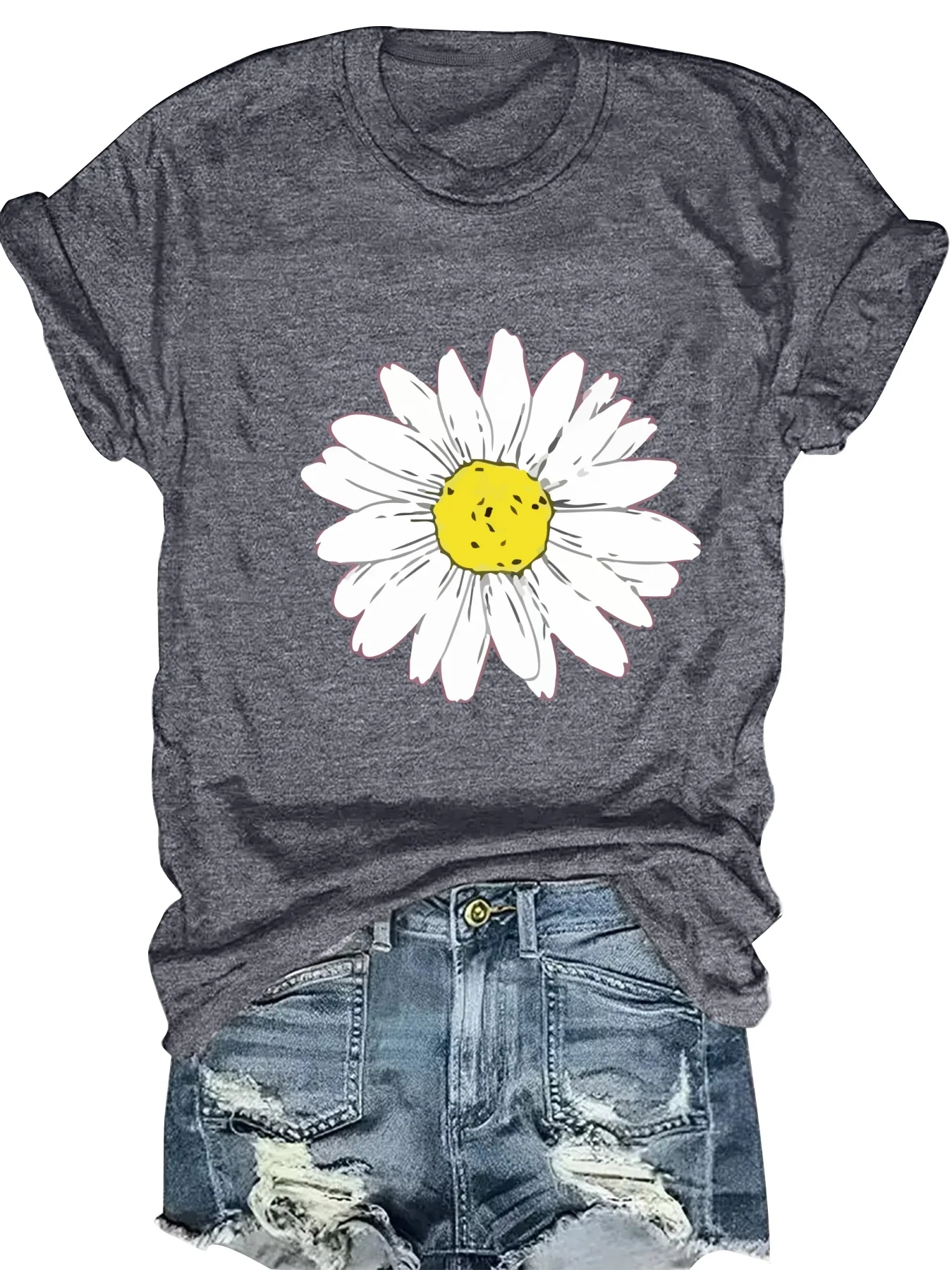 

Модная женская футболка с цветочным принтом, круглым вырезом и коротким рукавом, стильная повседневная женская футболка