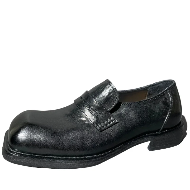 Europe Square Head Loafers Washed Horsehide Derby Shoes for Men's Casual Height-increasing Leather Shoes Comfortable Dress Shoes