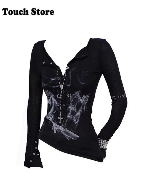 Jesień Zima Kobiety Coquette Top z długim rękawem Y2k Streetwear 2000s Harajuku Dark Academia T-Shirts Goth Tees Cyber Grunge Gyaru Hot