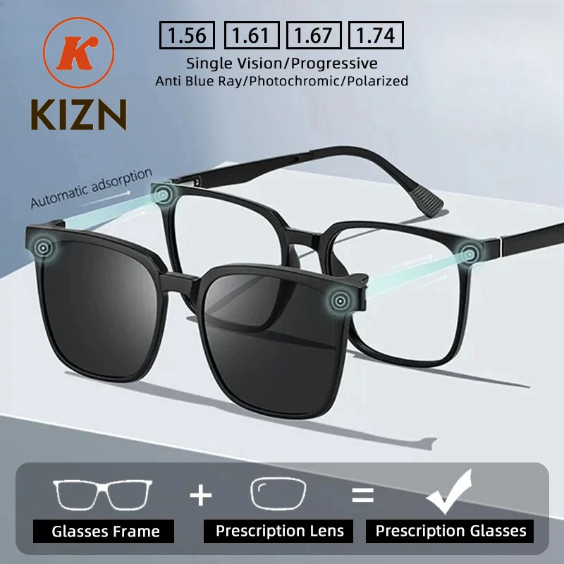 

KIZN Magnetic Polarized Clip On Prescription Glasses Men Women Myopia Optical Lens Anti Blue Light Progressive Reading Glasses