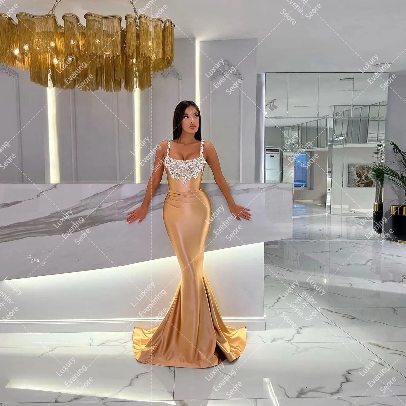 Luxury Arabic Gold Evening Dresses Mermaid For Woman Crystal Sweethrart Fashion Celebrity Party Prom Gowns Customized Vestidos