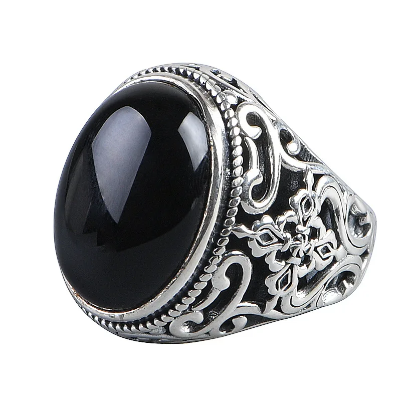 BOCAI New 100% S925 Silver Hollowed-Out Carved Lapis Lazuli/Black Agate Oval Man and Woman Ring Exaggerated Personality Gift
